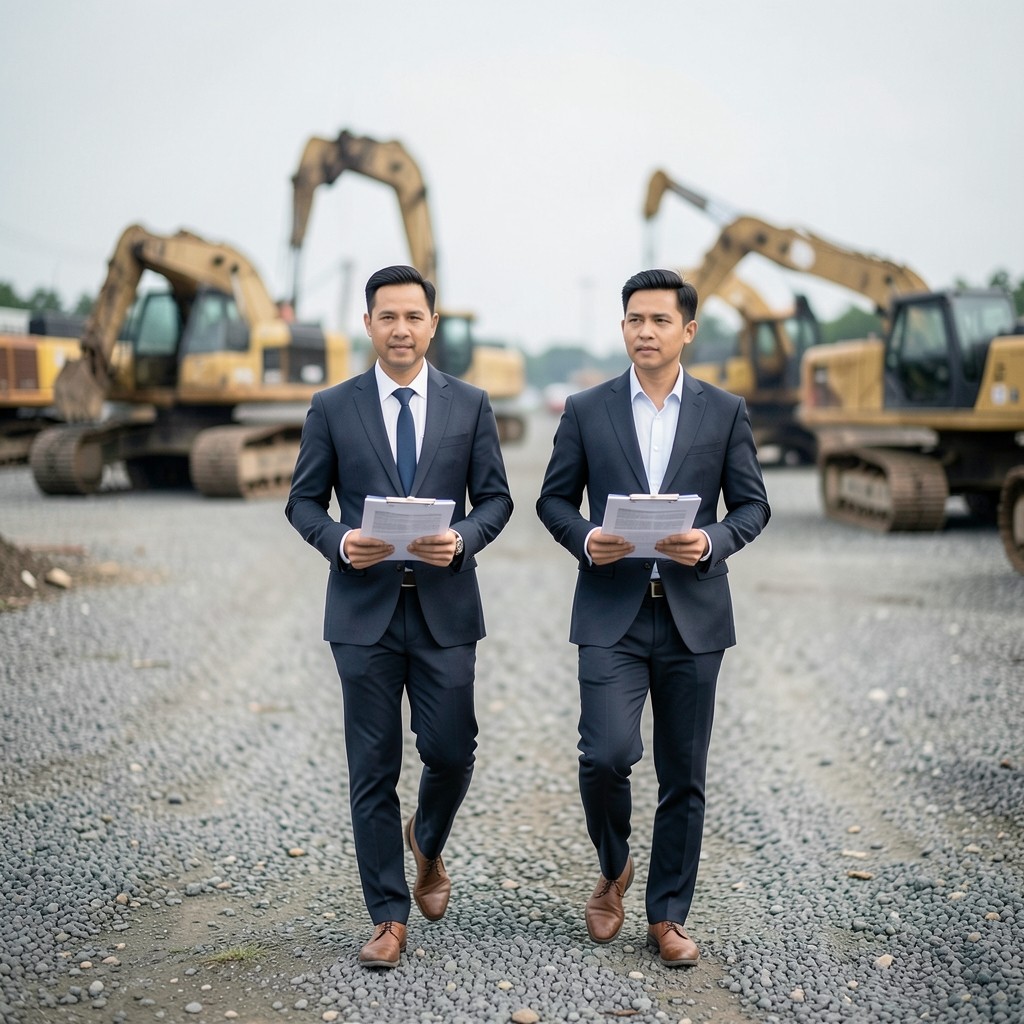 Consultants walking a gravel equipment yard with clipboards under overcast Bangkok light