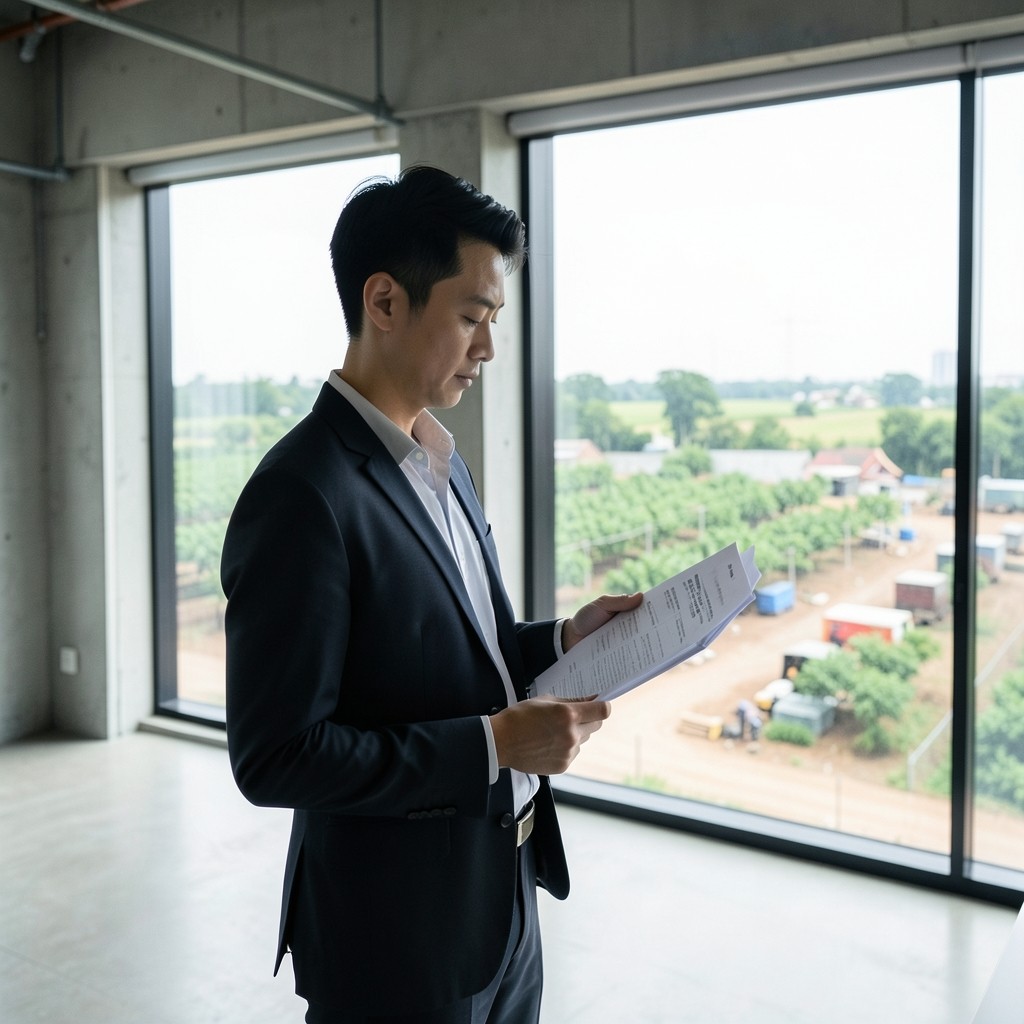 Operations lead reviewing printed site lists beside a window overlooking a plant yard