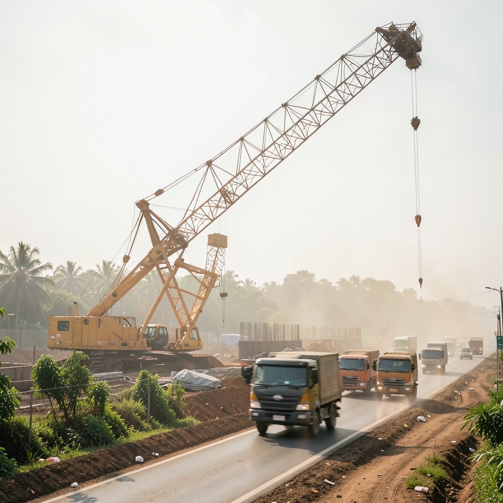 Idle crawler crane standing beside a busy construction access road