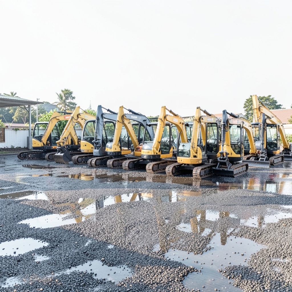 Row of hired compact excavators ready for dispatch from a plant yard