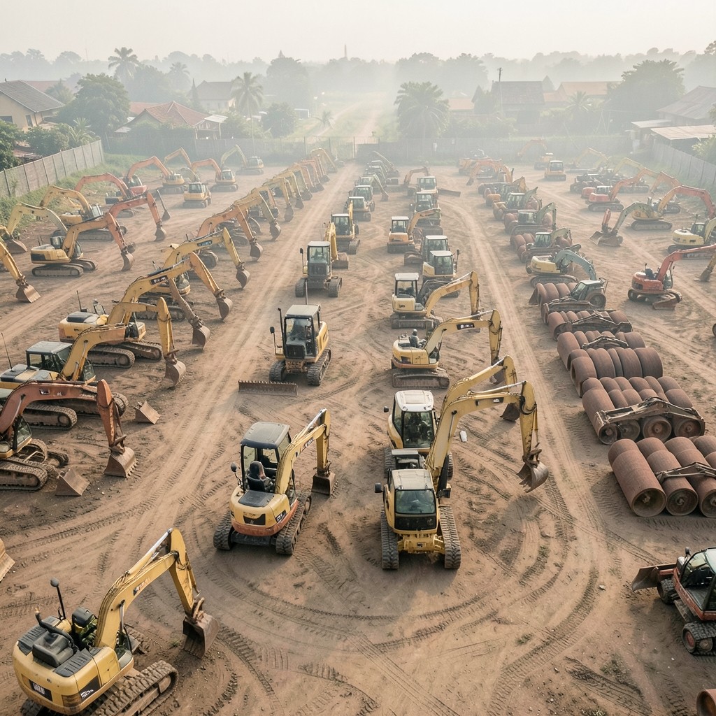 Wide view of a mixed heavy-equipment yard with machines staged by class under soft daylight