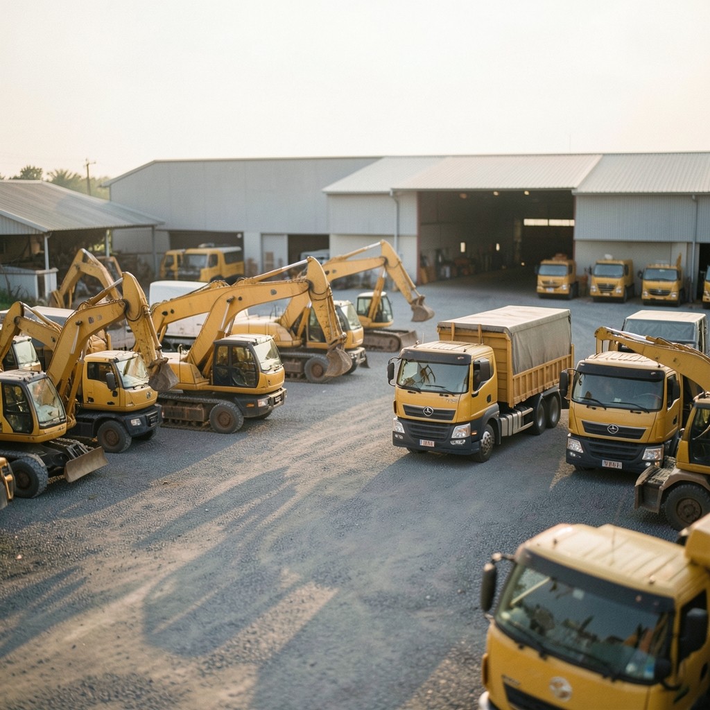 Heavy excavators and haul trucks staged in a Thai industrial equipment yard at golden hour