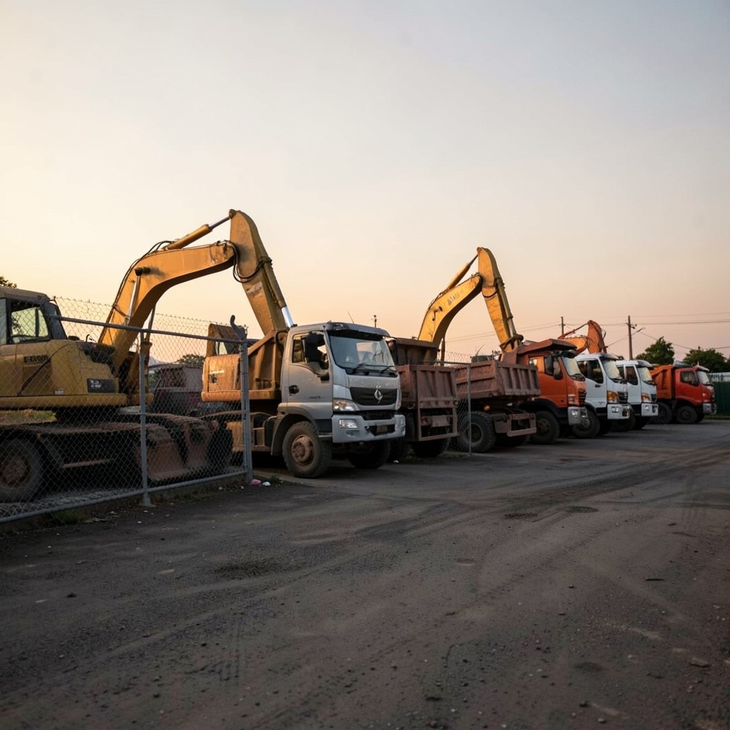 Excavators and haul trucks lined up in an industrial equipment yard at dusk