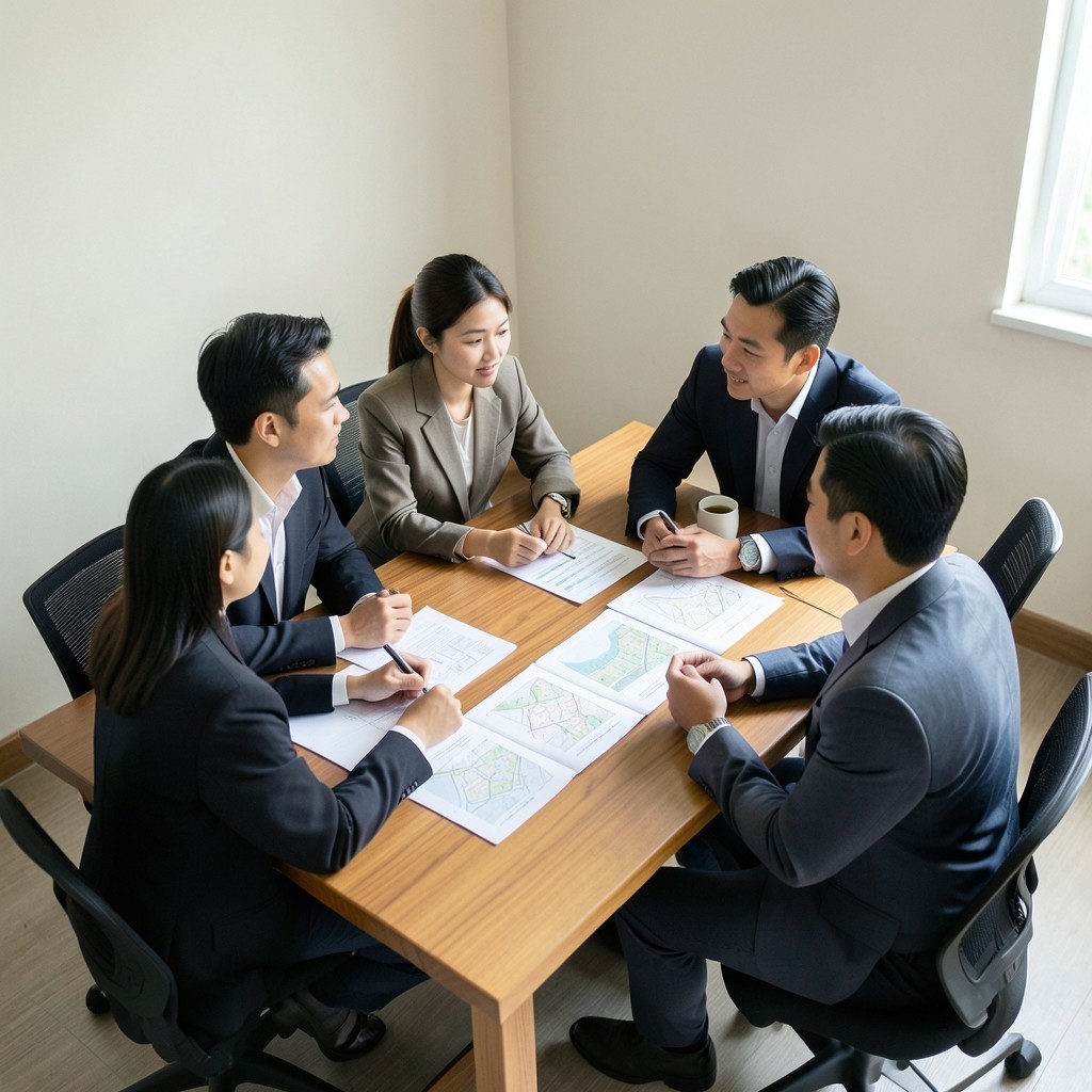 Operations meeting around printed utilization charts and site maps