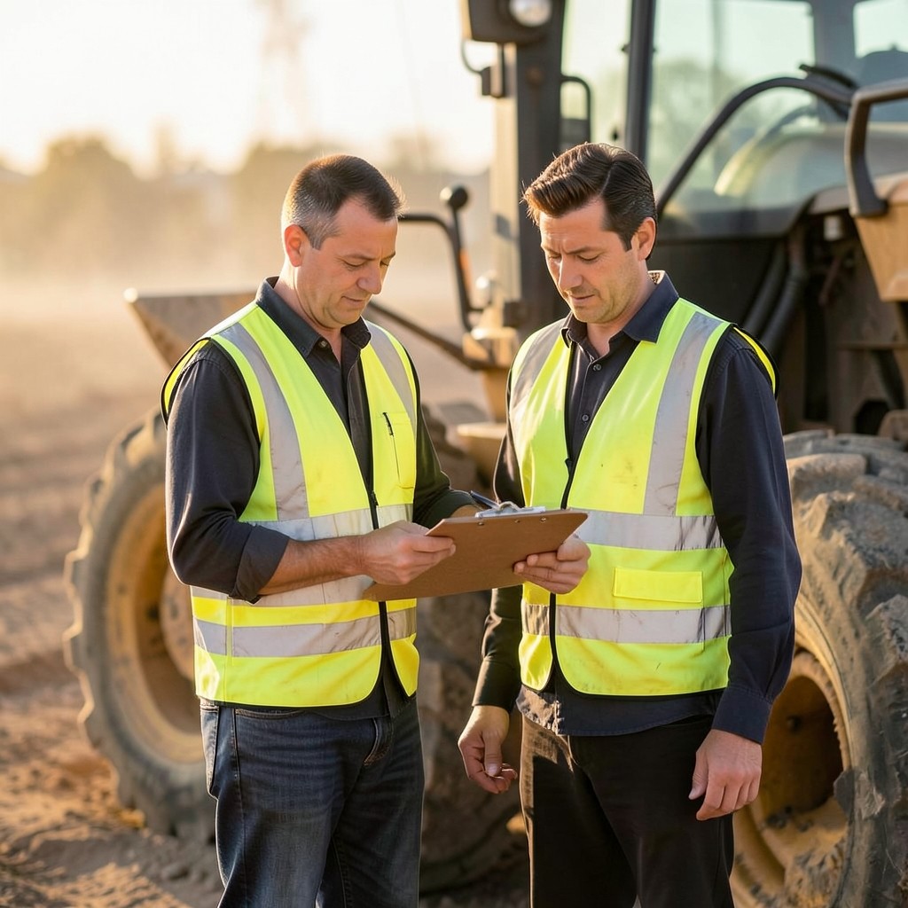 Equipment operator reviewing a clipboard beside a wheel loader