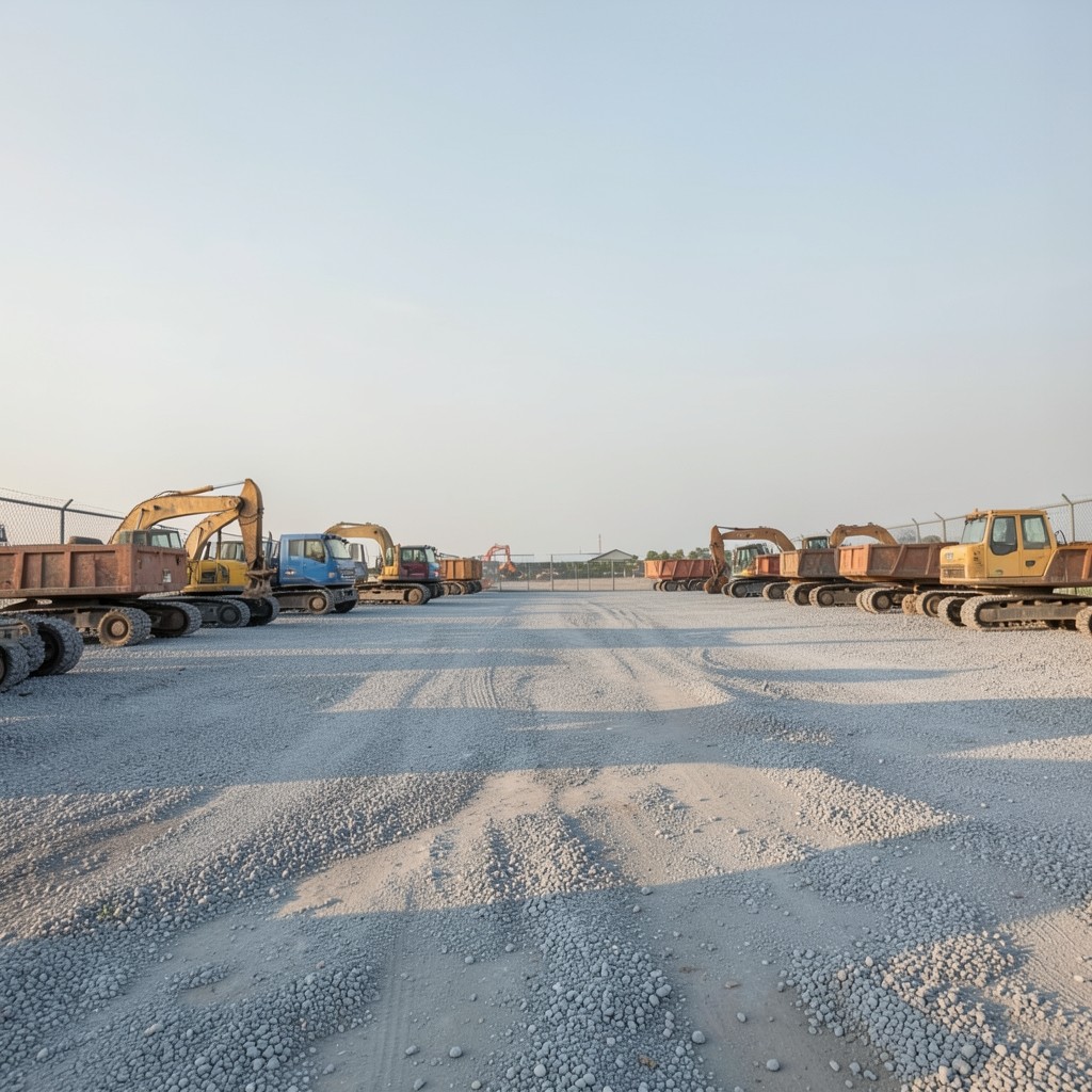 Heavy machinery parked in a gravel yard with morning light across the lot